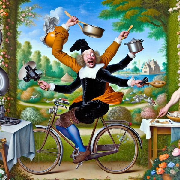 Hobby's in vrije tijd: fietsen, koken en vogelspotten in levendige schilderkunst Vrolijke man met meerdere hobby's tegelijk: fietsen, koken en vogels spotten in een levendige tuin, geschilderd in de stijl van Frans Hals