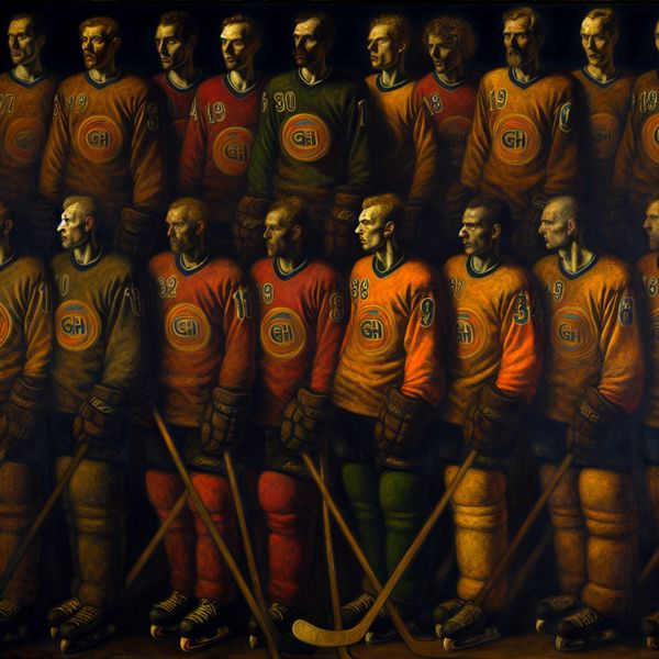 Hockeyteam in sportshirts: dramatische Rembrandt-schildering met clubkleuren en emotie Dramatische schildering in Rembrandt-stijl van een hockeyteam in clubkleuren met sportshirts, nummers en logo's, verlicht door sterk chiaroscuro