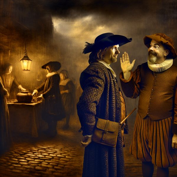 17e-eeuwse Nederlandse marktscène in Rembrandt-stijl met twee mannen: een voorzichtige man die zich afwendt van een opdringerige handelaar, illustrerend het concept 'hoeden voor' of waakzaamheid