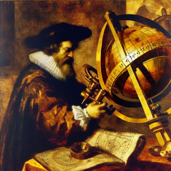 Precieze hoekmeting op hemelglobe: wetenschappelijke navigatie in de Gouden Eeuw 17e-eeuwse astronoom bestudeert een gedetailleerde hemelglobe met hoekmeting van 45° 30’ 15" in barokke schilderstijl