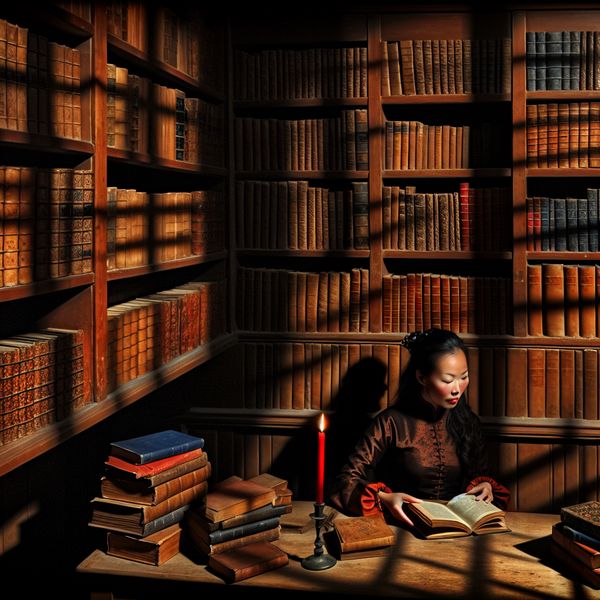 Hoeveelheid boeken tellen in historische bibliotheek met Rembrandt-verlichting Grote hoeveelheid oude boeken in een sfeervolle bibliotheek met dramatische belichting in Rembrandt-stijl, een persoon leest aan een houten tafel