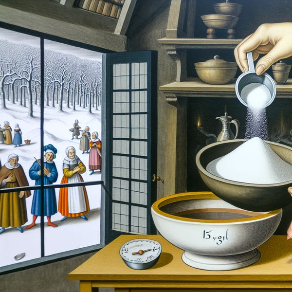 Gedetailleerde winterse keukenscène in de stijl van Hendrick Avercamp met een houten tafel waarop een kom beslag staat en een maatbeker suiker wordt toegevoegd, ter illustratie van het begrip 'hoeveelheid'