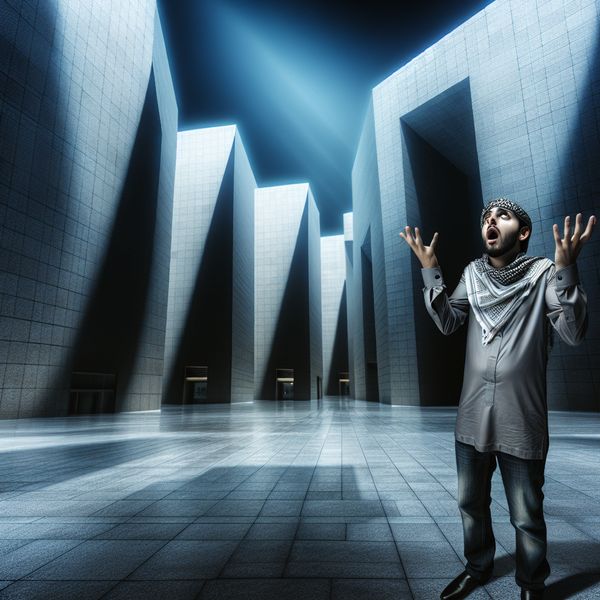 Persoon in surrealistische stad met verbazing en ongeloof reagerend op onverwacht nieuws, uitroepend 'Hoezo?'