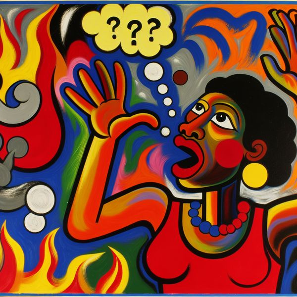 Abstracte voorstelling van een verbaasd persoon die de vraag stelt 'Hoezo moet ik vanavond weer afwassen?' met expressieve gezichtsuitdrukking en opgestoken armen in de stijl van Karel Appel