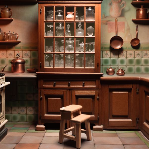 Hoge keukenkast bereiken: nostalgische Nederlandse keuken met glaswerk en krukje Nostalgische Nederlandse keuken met hoge wandkast vol glaswerk en een krukje om erbij te kunnen