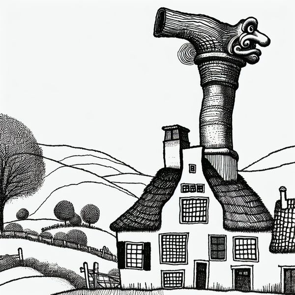 Kraakheldere cartoontekening van een scheef huis met een opvallend hoge schoorsteen die dramatisch boven het dak uitsteekt, in de stijl van Marten Toonder