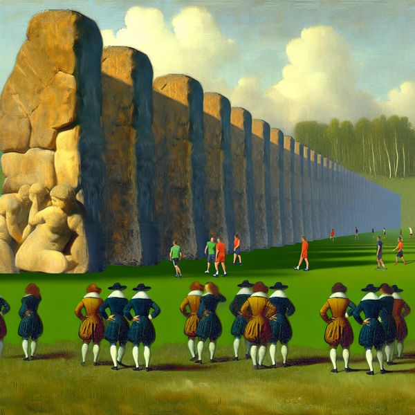 Sporters overwegen een hoge stenen muur tijdens een wedstrijd, met diverse gezichten van vastberadenheid en frustratie.