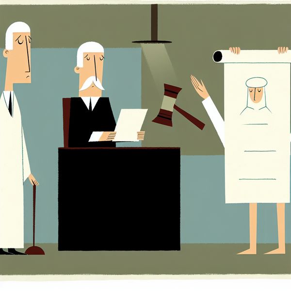 Beroep in rechtszaak: illustratie van hoger beroep en nieuwe behandeling Minimalistische illustratie van een rechtszaal met een verdachte die in beroep gaat bij een hogere rechter, in de stijl van Dick Bruna