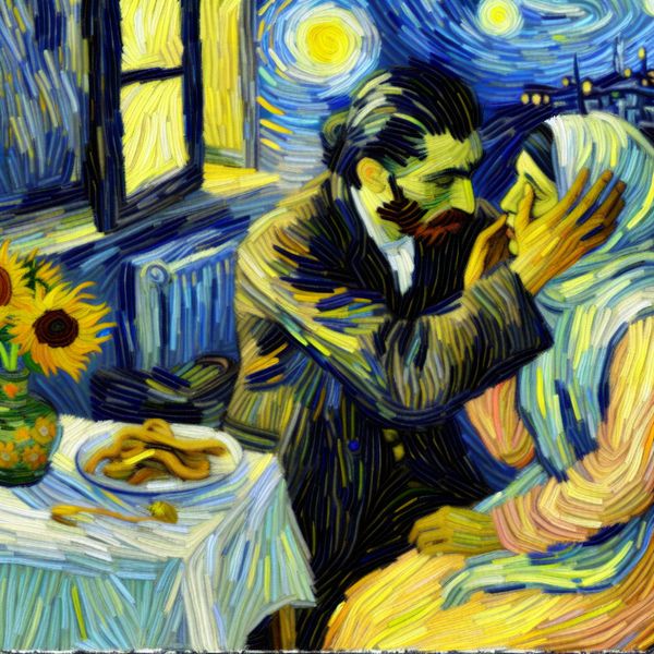 Intiem schilderij in Van Gogh-stijl van een stel in een gezellige kamer, waarbij de man teder 'Hoi schat' fluistert tegen zijn geliefde met zonsondergang en sterrenhemel op de achtergrond