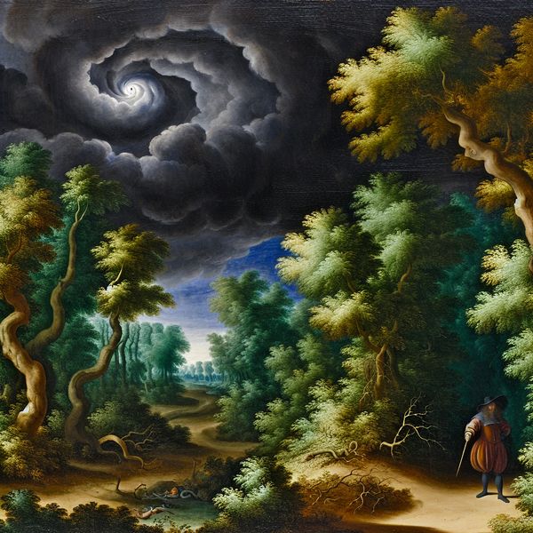 Dramatisch Hollands landschap met moordenaar in het bos - taal leren misdaad woordenschat 17e-eeuws Hollands landschap met donker bos en eenzame figuur die een wapen verbergt, in de stijl van Jacob van Ruisdael