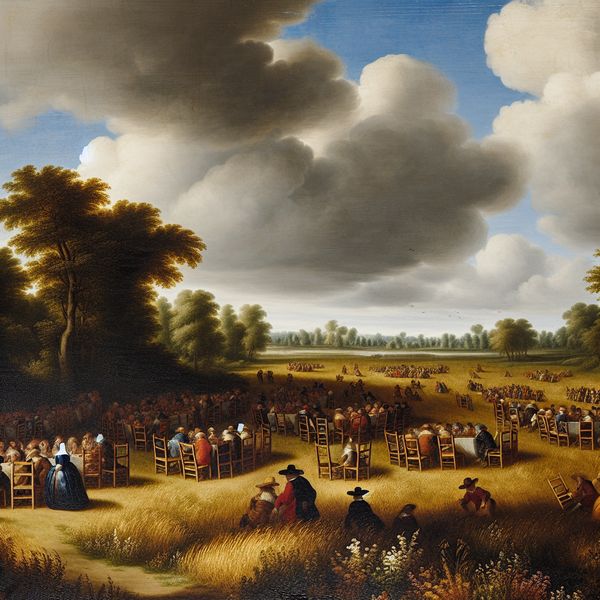 Overvloedige toevoeging in Hollands landschapschilderij met buitenbanket 17e-eeuws Hollands landschap met een overdadig buitenbanket en te veel houten stoelen in een weelderige weide, geschilderd in de stijl van Jacob van Ruisdael