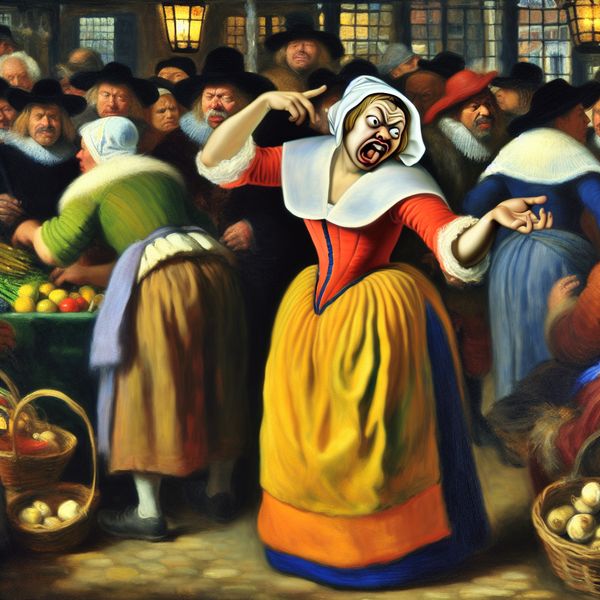 Vrolijke 17e-eeuwse Hollandse marktscène met een geanimeerde vrouw die geïrriteerd reageert op het scheldwoord 'doos'
