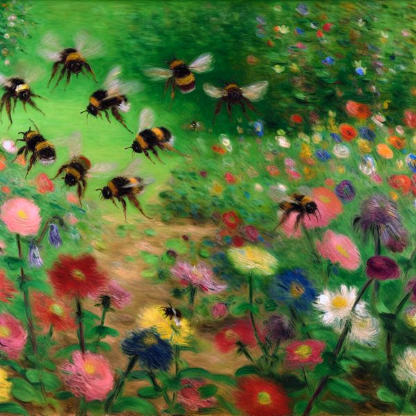 Hommels in een kleurrijke tuin Een levendig tafereel van een tuin met hommels die rond kleurrijke bloemen zoemen, met een focus op bewegende bijen in vlucht.