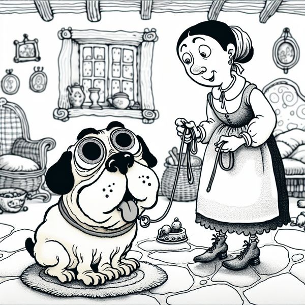 Speelse cartoonhond kijkt aandachtig naar zijn eigenaar die een traktatie vasthoudt in een gezellige woonkamer