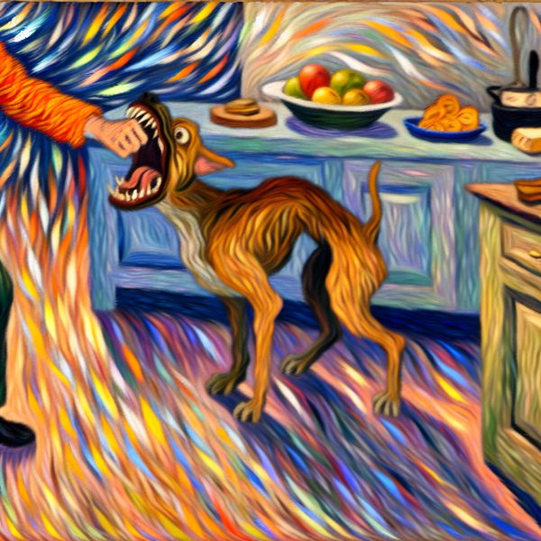 Een hond die gromt met zichtbare tanden in een levendige keuken, met een hand die voorzichtig naar hem uitgestoken wordt.
