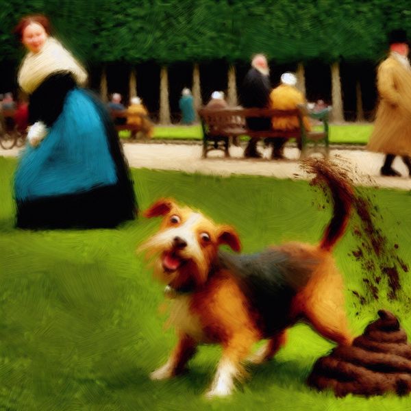 Kleine ondeugende hond die ontlasting achterlaat op groen gras in een park, met reacties van omstanders in de stijl van een 17e-eeuws schilderij