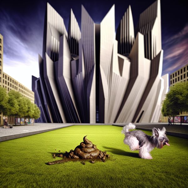 Hond laat ontlasting achter in surrealistisch stadspark - taaluitdrukking Nederlands Hyperrealistisch surrealistisch tafereel van een kleine hond die ontlasting heeft achtergelaten op een groen grasveld in een stedelijk park met monumentale architectuur