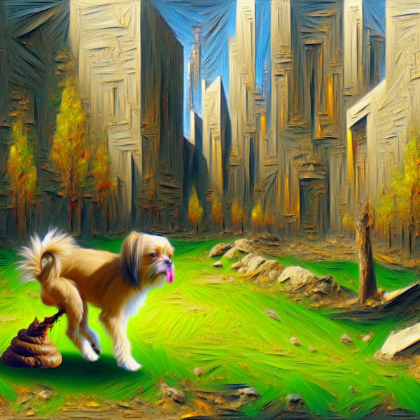 Surrealistische voorstelling van hond die ontlasting produceert in stadspark Hyperrealistisch surrealistisch tafereel van een kleine hond die ontlasting heeft gedaan op groen gras in een stedelijk park met monumentale architectuur op de achtergrond