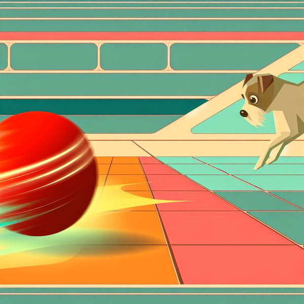 Hond speelt met stuiterende bal - retro-futuristische illustratie voor taalonderwijs Energetische hond speelt met een felrode rubberen bal die door de lucht stuitert in een retro-futuristische illustratie