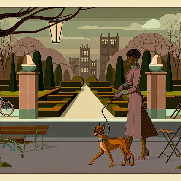 Vrouw in jaren 60-stijl kleding uitlaten van vrolijke hond in retro park tijdens zonnige ochtend