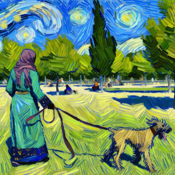Hond uitlaten met riem in impressionistische stijl - taal leren Nederlands Vrouw loopt met een energieke puppy aan een strakke riem in een levendig Van Gogh-achtig park
