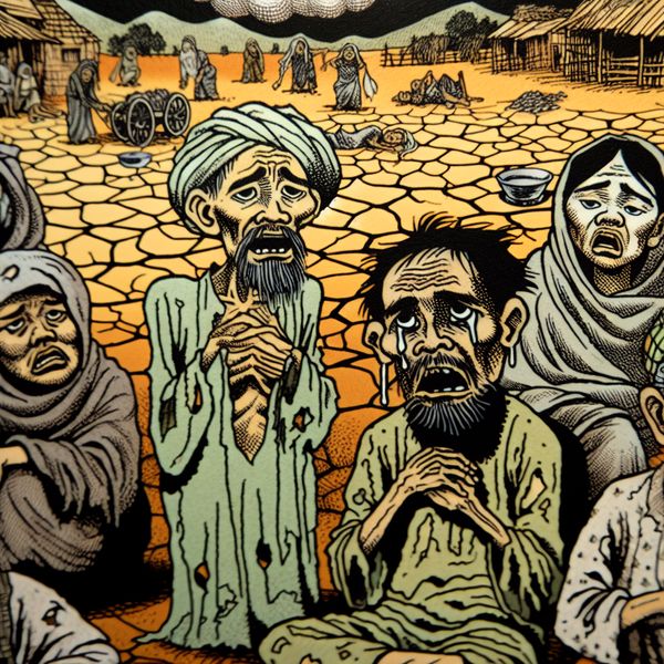 Hongerlijden illustratie: ernstig voedseltekort en hongersnood in cartoonstijl Cartoon van uitgemergelde mensen in een dor landschap die honger lijden, met uitdrukkingen van wanhoop en uitputting