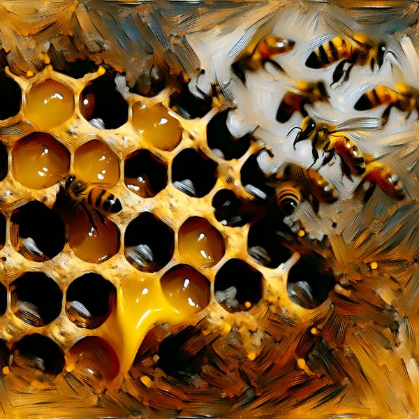 Honingraat cel structuur: abstracte illustratie van afgesloten ruimtes in natuur en techniek Abstract expressionistische illustratie van een honingraat met gouden honing en bijen in vlucht, ter illustratie van de betekenis van 'cel' als afgesloten ruimte
