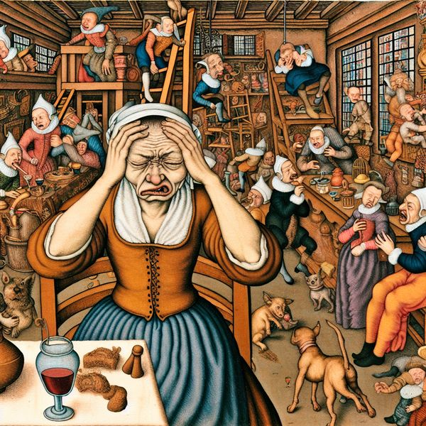 17e-eeuwse Nederlandse scène in de stijl van Jan Steen met een vrouw die hoofdpijn heeft temidden van een chaotisch huishouden