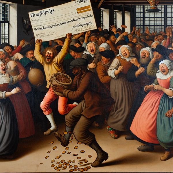 Loterij winnen in Nederlandse stijl: hoofdprijs verkrijgen met geluk en vreugde Vrolijke persoon springt met een grote loterijcheque met 'HOOFDPRIJS' in een drukke Nederlandse herberg, omringd door juichende mensen en vallende munten