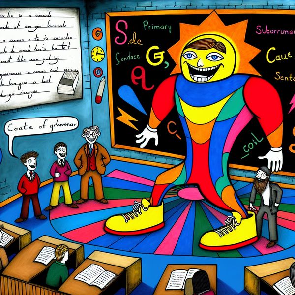 Cartoon van een vrolijke hoofdzin op een podium in een klaslokaal, omringd door interpunctie en bijzin karakters, met een krijtbord op de achtergrond vol grammaticale symbolen.