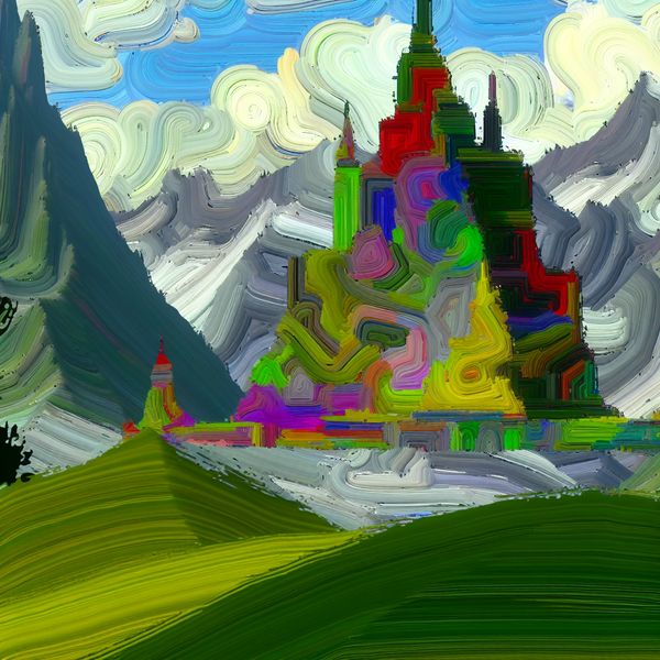 Vibrant Abstract Building in Colorful Landscape Een abstract gebouw dat hoog boven een kleurrijk landschap uitsteekt met speelse vormen
