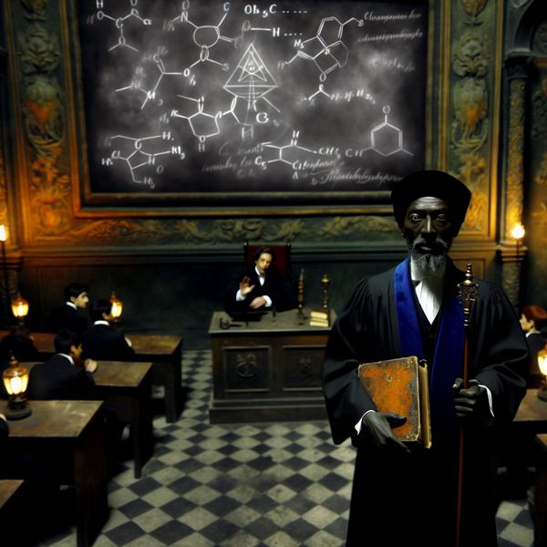 Hoogleraar geeft college over alchemie en wetenschap in historische universiteitszaal Hoogleraar in academische toga geeft college in een gotische collegezaal met alchemistische symbolen en wetenschappelijke formules op het bord, sfeer van mystiek en kennis