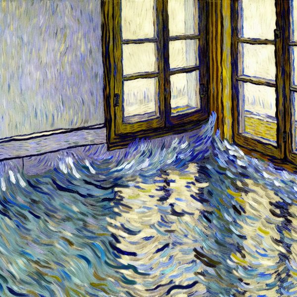 Kunstwerk in Van Gogh-stijl van een kamer met stijgend water tot aan de vensterbank, illustrerend het concept hoogte en niveau