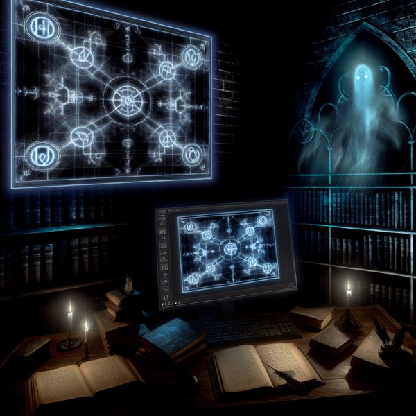High-tech werkplek met verlichte computers, digitale documenten en schaduwachtige figuren