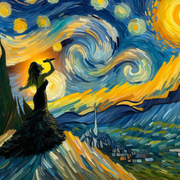 Triumfantelijke zangeres op een bergtop bij zonsondergang in Van Gogh-stijl, symboliserend het hoogtepunt van een carrière