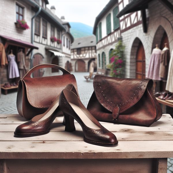 Hoogwaardige leren schoenen en tas in een nostalgische setting Elegante, handgemaakte leren schoenen en een artisane leren tas op een vintage houten tafel, met een nostalgic straat op de achtergrond.