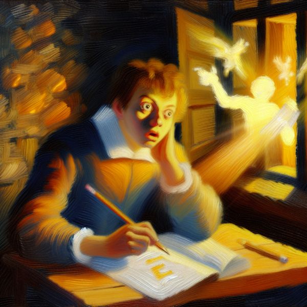 Hoopvolle student tijdens examen met wens naar succes - taal leren en motivatie Jonge student aan houten bureau met half afgemaakt examenpapier, kijkt hoopvol omhoog terwijl vage figuren van succes en feest op de achtergrond zweven
