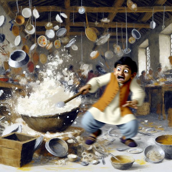 Jongensgezicht vol paniek in chaotische keuken met vliegende borden, meelwolk en omvallende soeppan in levendige schilderstijl