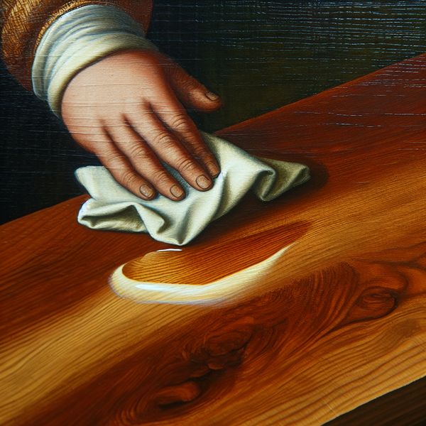 Ambachtsman smeert zorgvuldig houten tafelblad in met olie voor bescherming en soepelheid