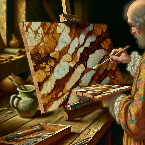 17e-eeuwse ambachtsman die hout schildert om marmer na te doen in een levendig atelier in de stijl van Frans Hals