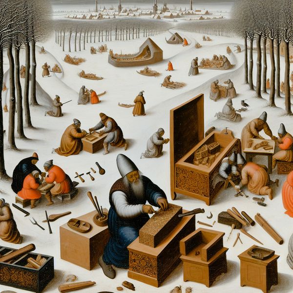 Houtbewerking in Winterlandschap Avercamp Stijl Een ambachtsman bewerkt hout in een winterlandschap in de stijl van Avercamp