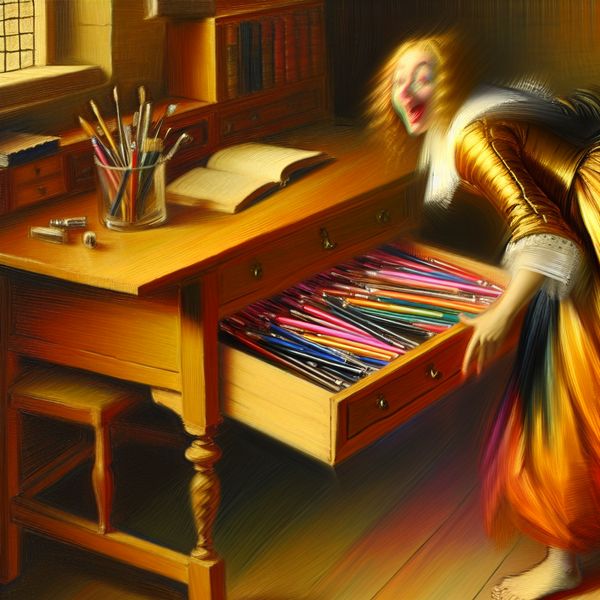 Een houten bureau met een opengeslagen lade vol kleurrijke pennen en boeken, terwijl een persoon in 17de-eeuwse kleding nieuwsgierig in de lade kijkt.