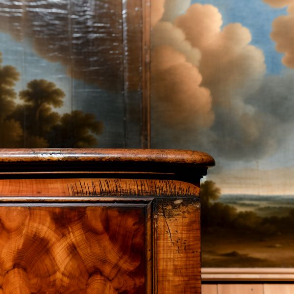 Majestueuze houten kast met schade en rijke texturen Houten kast met zichtbare schade aan de ene kant en een ongerepte zijde, op de achtergrond een dramatische lucht met wolken.
