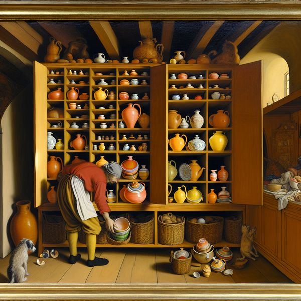 Houten kast met opbergvakken voor keramiek en kleding - Nederlandse huiskamerscène Druk huishouden met houten kast waarin kleurrijke keramische kopjes in het bovenste vak worden opgeborgen, in de stijl van Jan Steen