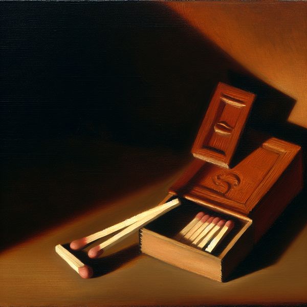 Houten luciferdoos met schuifdeksel - realistische schilderkunst in Rembrandt-stijl Realistisch schilderij van een houten luciferdoosje met een gedeeltelijk geopend schuifdeksel, verlicht door dramatisch clair-obscur licht