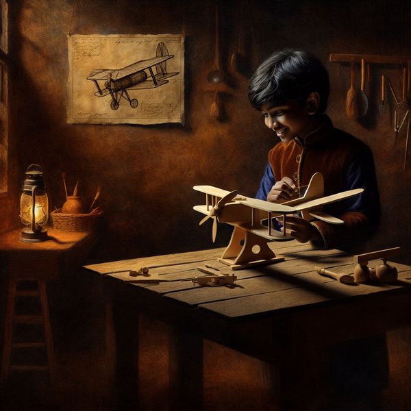 Houten modelvliegtuig bouwen: traditioneel ambacht en hobby voor kinderen Jongen in 17e-eeuwse kleding bouwt zorgvuldig een houten modelvliegtuig in een verlichte werkplaats met Rembrandt-stijl belichting