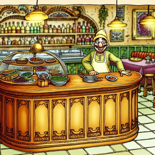 Cartoon Illustratie van een Houten Restaurantbalie Een kleurrijke cartoon-illustratie van een houten restaurantbalie met een vriendelijke karakter in een schort achter de balie die bestellingen opneemt.