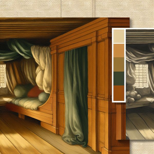 Houten schot als afscheiding in scheepsinterieur of kamer - historische scheidingswand Elegant houten schot als afscheiding in een scheepshut of kamer, met warme en koele zijden, subtiele verlichting en gedetailleerde texturen