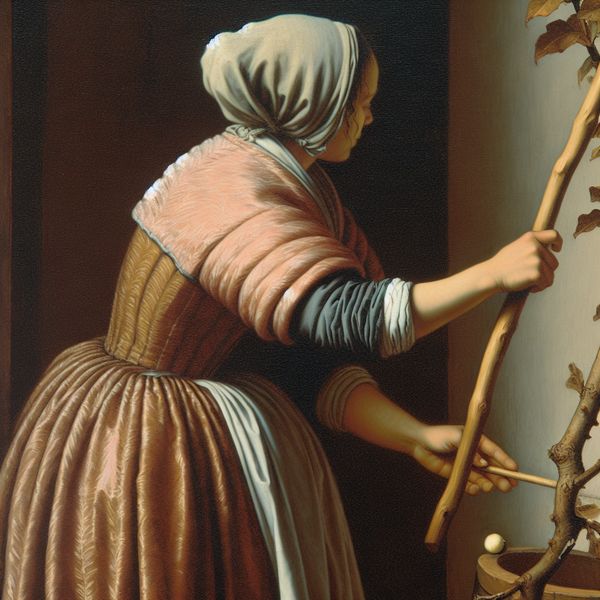 Houten stok gebruiken in historische Nederlandse genrekunst - taal leren Nederlands 17e-eeuws Nederlands tafereel van persoon die met een houten stok een bal uit een boomtak haalt