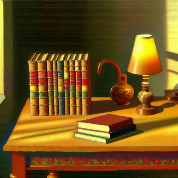 Houten tafel met boeken en een lamp binnen Een serene binnenruimte met een houten tafel in het midden en een stapel boeken die hoger op de tafel is geplaatst, plus een zachte lamp die warm licht op de boeken werpt.